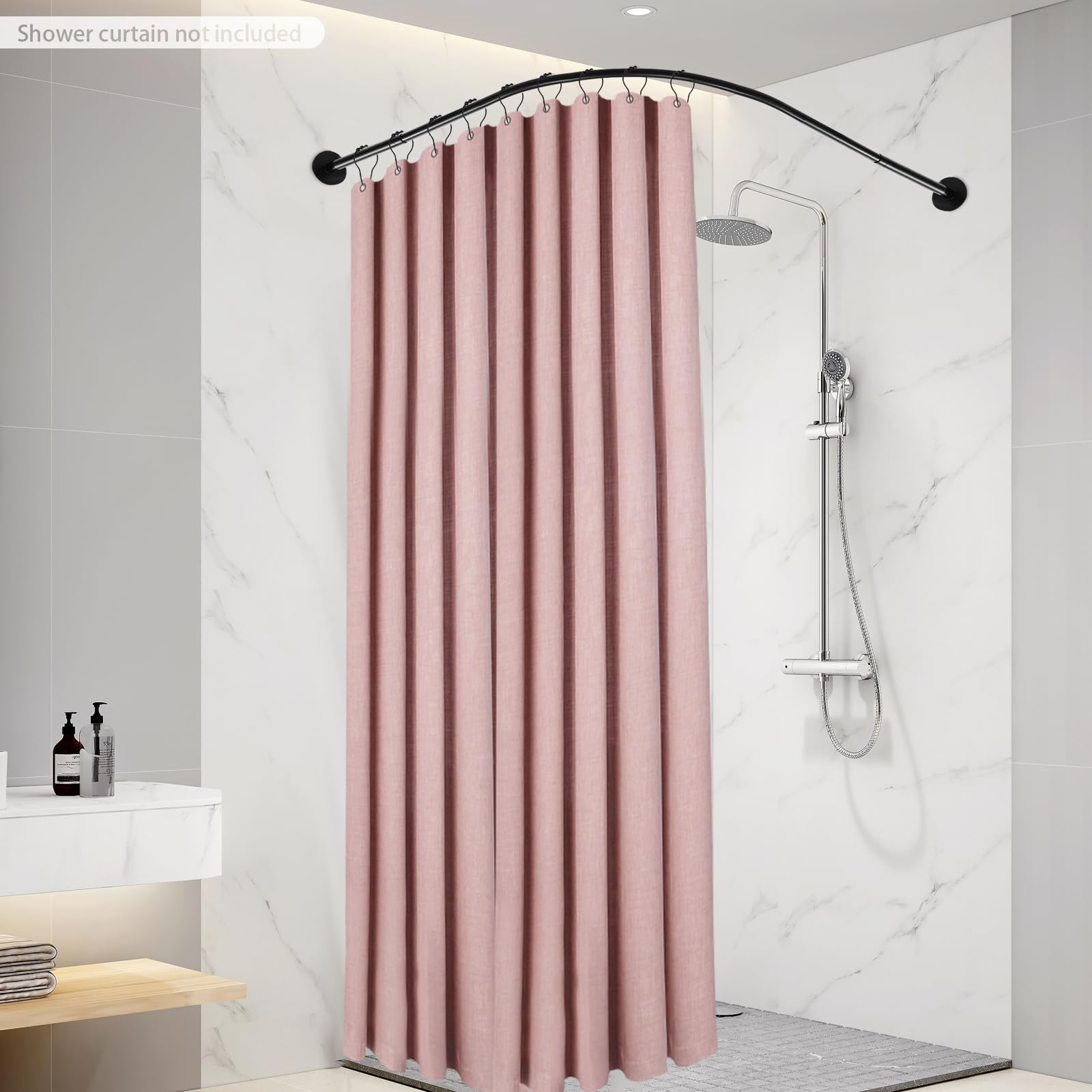 Barra de cortina de ducha angular L, barra de cortina de ducha extensible negra, barra de acero inoxidable para cuarto de baño, sin taladrar, soporte de pared o adhesivo, instalación fácil, ajustable