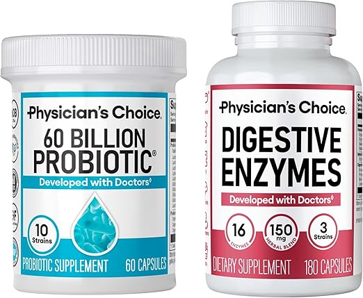 Physician's CHOICE Advanced Gut Health Bundle: 60 Billion Probiotics 60ct + Digestive Enzymes 180ct for Digestive, Gut, and Immune Health Supports Occasional Constipation, Diarrhea, Gas, and Bloating