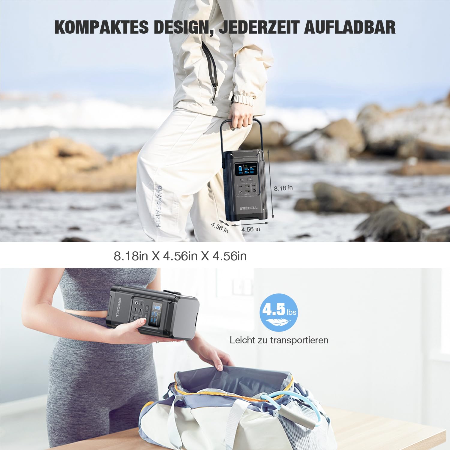 GRECELL Powerstation 240W,153Wh Solareingang und Ständer | LiFePO4-Akku mit bidirektionalem 100W USB-C PD,mobile Energie für Reisen, Camping und Notstrom