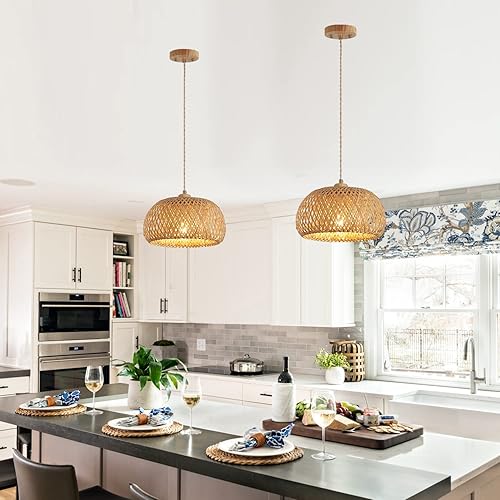 Miniatura 2 de Lámpara colgante de bambú con una sola luz, cesta bohemia ajustable, hecha a mano, tejida a mano, iluminación colgante para cocina, isla, fregadero,