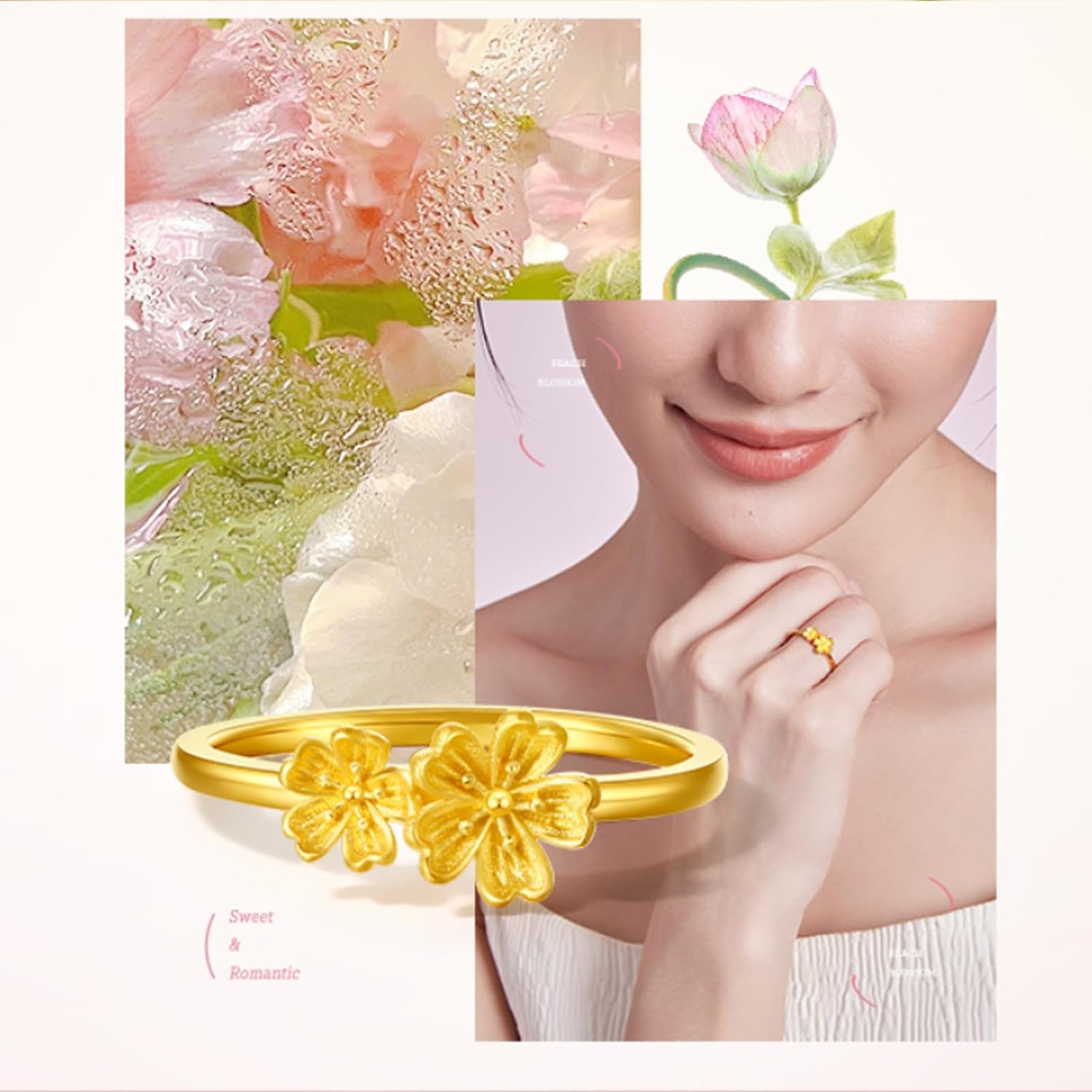 999 24K Solid Gold Flora Ring Blessing Flower Finger Ring 2 Flowers Pure Gold Jewellery Gift(Size: 10-16)