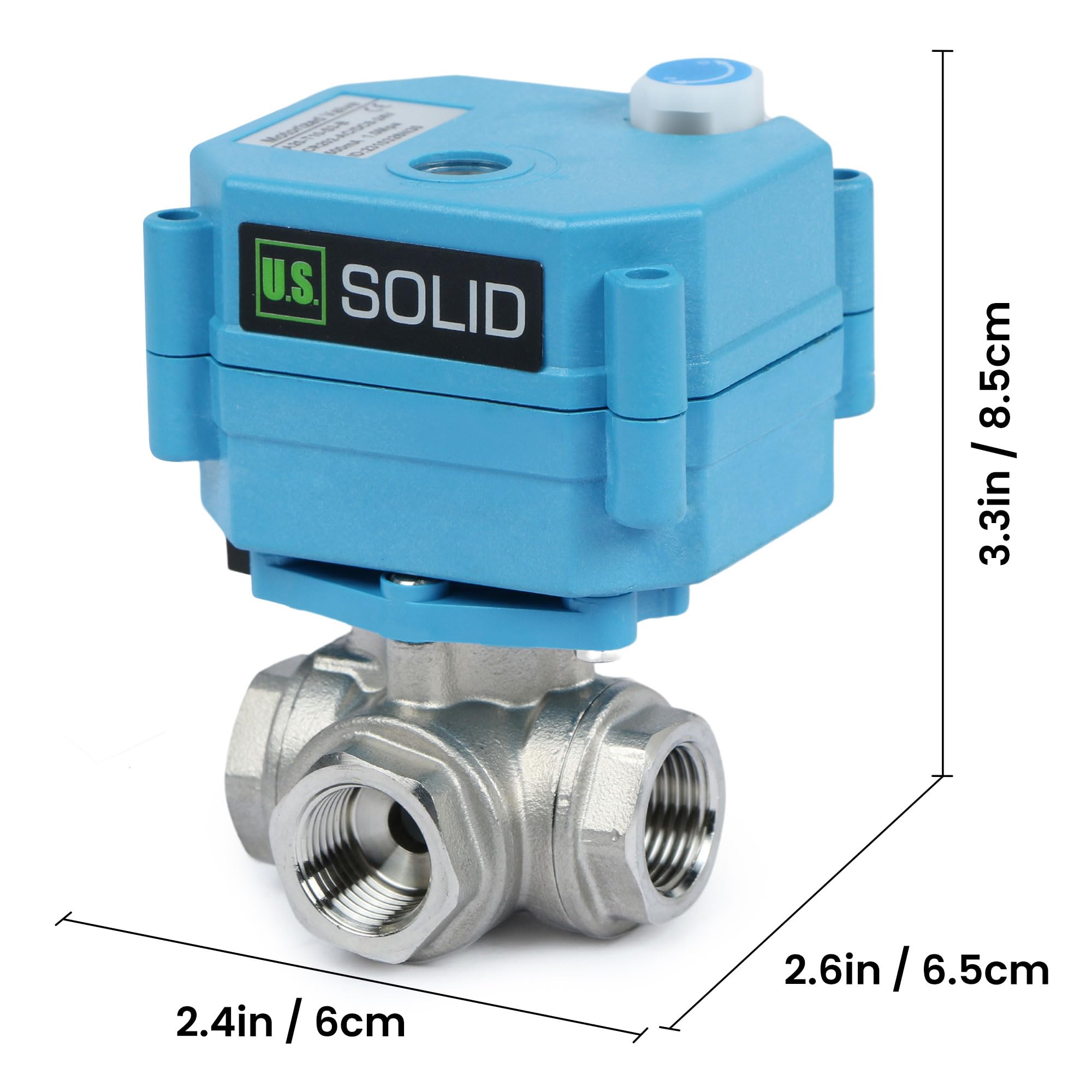 U.S. Solid Válvula motorizada 3 vías acero inoxidable: tipo L - eléctrica válvula con función manual, puerto estándar (3/8", 9-24V AC/DC)