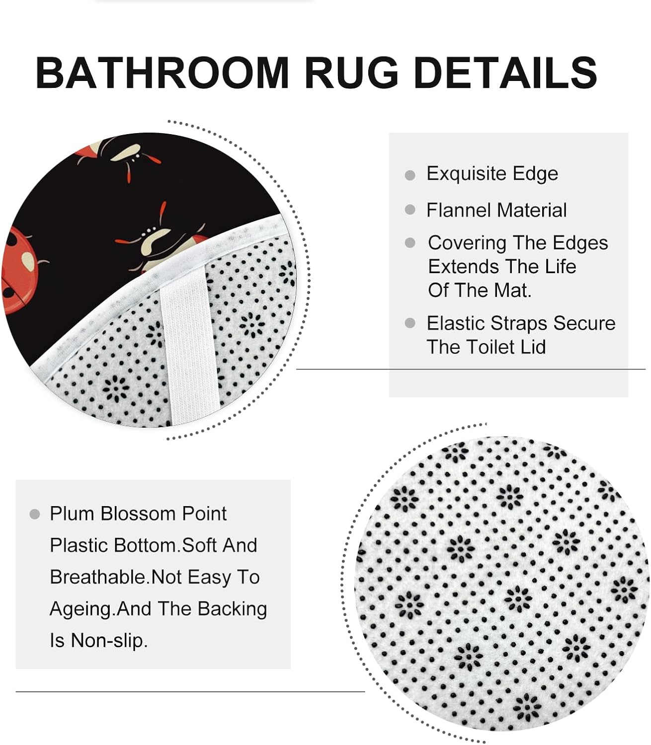 4PCS Cartoon Kids Ladybug Bathroom Accessory Sets with Non-Slip Rug, U Shape and Toilet Lid Cover Mat, Cute Funny Insect Bathroom Fabric Decor-72''x72''