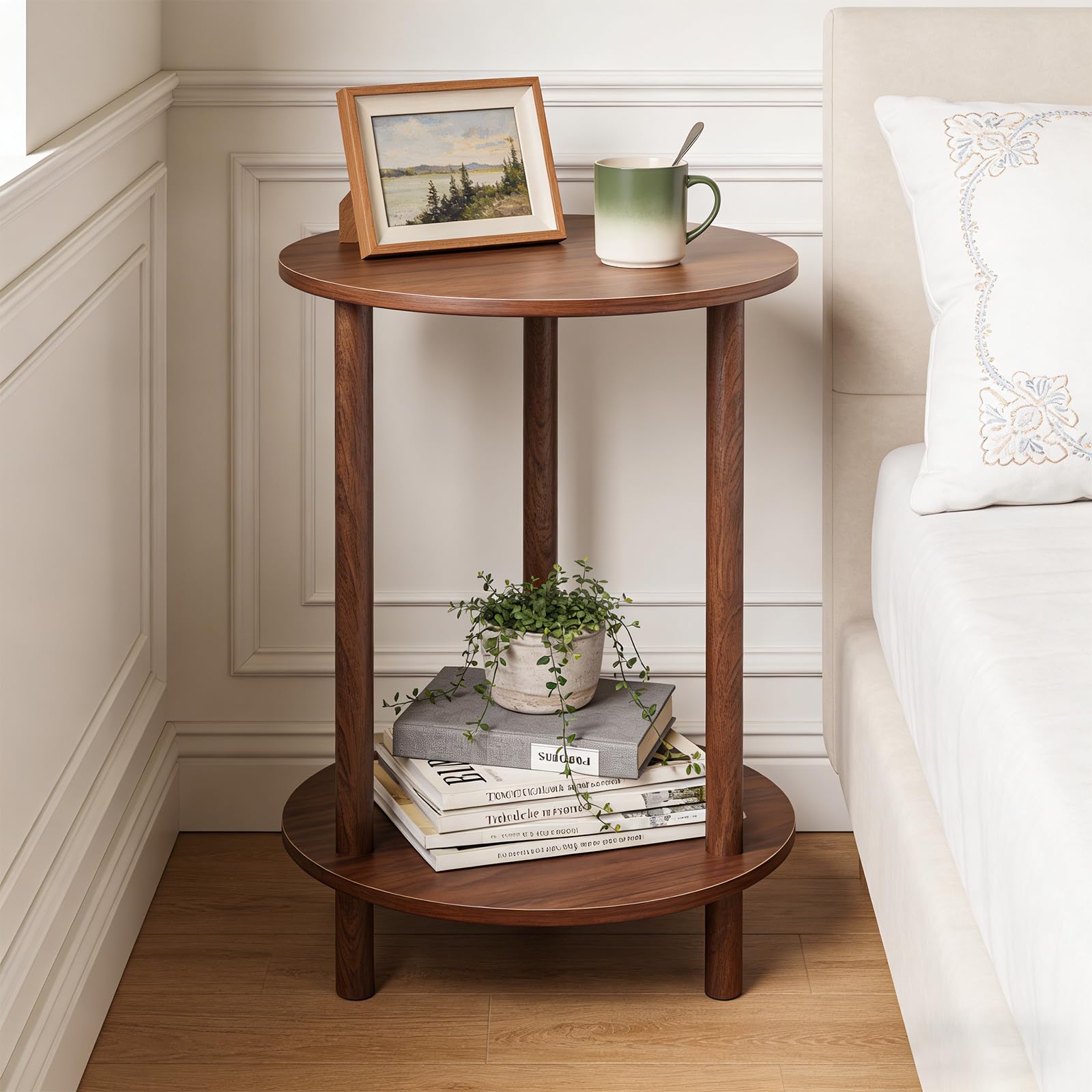 Table d'appoint ronde en bambou, diamètre 40 cm, hauteur 53 cm, noyer foncé, double couche, moderne, pour salon, chambre, couloir