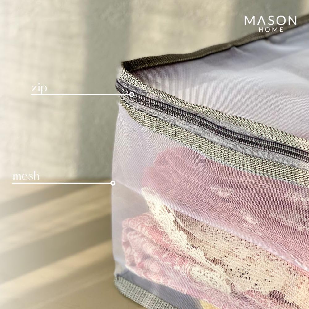 MASON HOME Net/Mesh Lehenga Storage Bag Small - 1pc - L x B x H - 18" x 13" x 9" | Clothes Storage Bag - Wardrobe Organizer with Transparent Window And Zip | Lehengas - Sarees - Delicate Garments 2