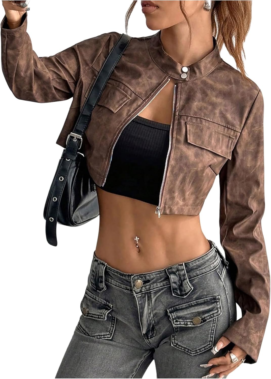 Milumia Women's Faux Leather Cropped Jacket Y2k Zip Up Stand Collar Motorcycle Short Coat Jacket Streetwear