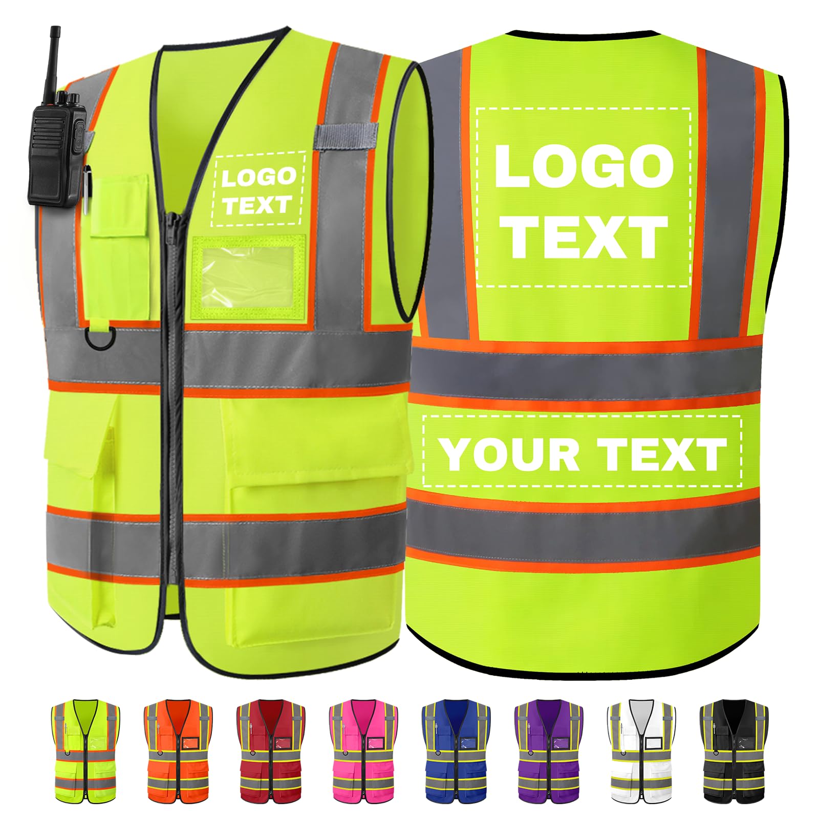 Personalised Safety Vest with Logo/Text Bulk Customised Reflective High Visibility Vest with 7 Pockets 2 Tone Workwear Vest Yellow 3X-Large