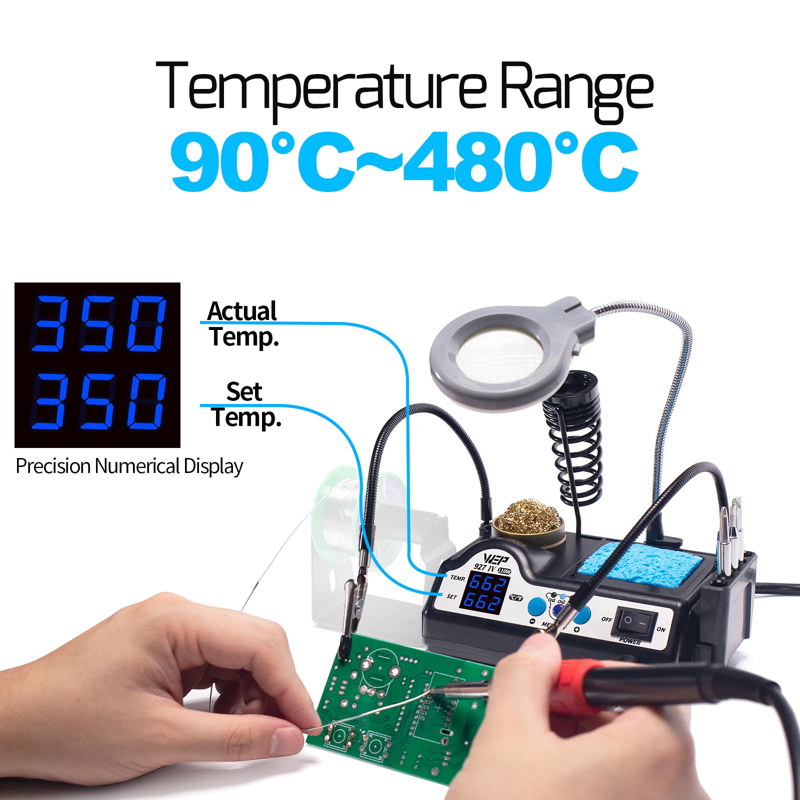 WEP 927-IV V1 Kit Saldatore a Stagno 110W con 3 Canali Preimpostati, Modalità Sleep, Lente d'Ingrandimento LED, 5 Punte per Saldatura Extra, 2 Mani Ausiliari, Solder Wire, Pinzette (EU Plug)