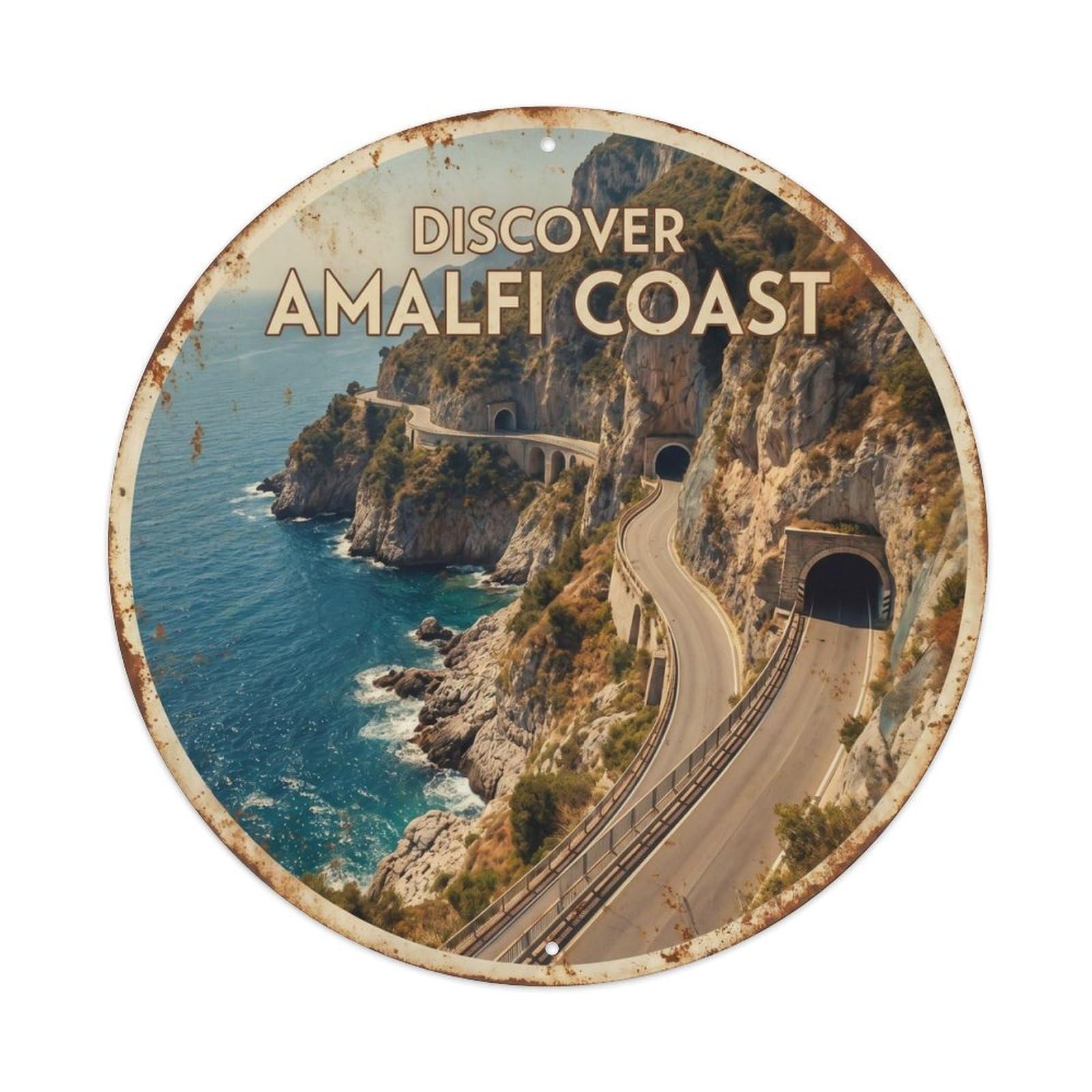 Italian Coast Mediterranean Cliff Road Vintage Travel Metal Tin Sign Plaque Wall Decor for Cafe, Man Cave, Club Bar, Office, Home Garden Round Metal Poster 8x8Inch