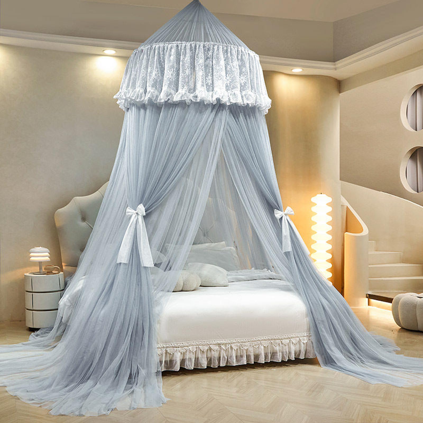 SDCGB Bed Canopy Princess for Girls, Double Layer Dreamy Sheer Mesh Dome Bed Curtain, Round Lace Princess Mosquito Net for Twin Full Queen King Bed, Gray1