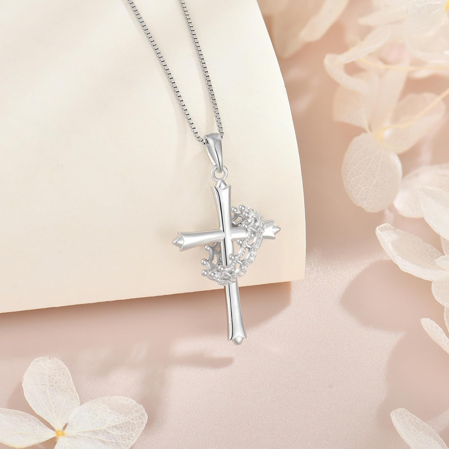 Crown Cross Necklace for Women, 925 Sterling Silver Cross With Rotated Ring Pendant Necklace, Dainty 14K Yellow/White Gold Plated Faith Jewelry Gift - Image 5