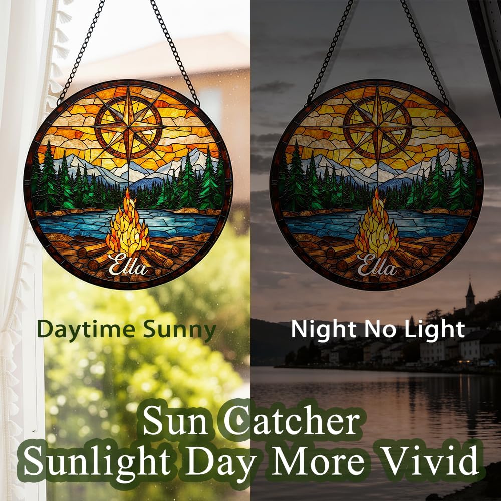 Custom Name Stain Glass Window Hanging Camping Decor Personalized Compass & Bonfire Window Art Mountain Forest Tree Suncatcher Adventure Theme Gift for Hiker for Dad 12in
