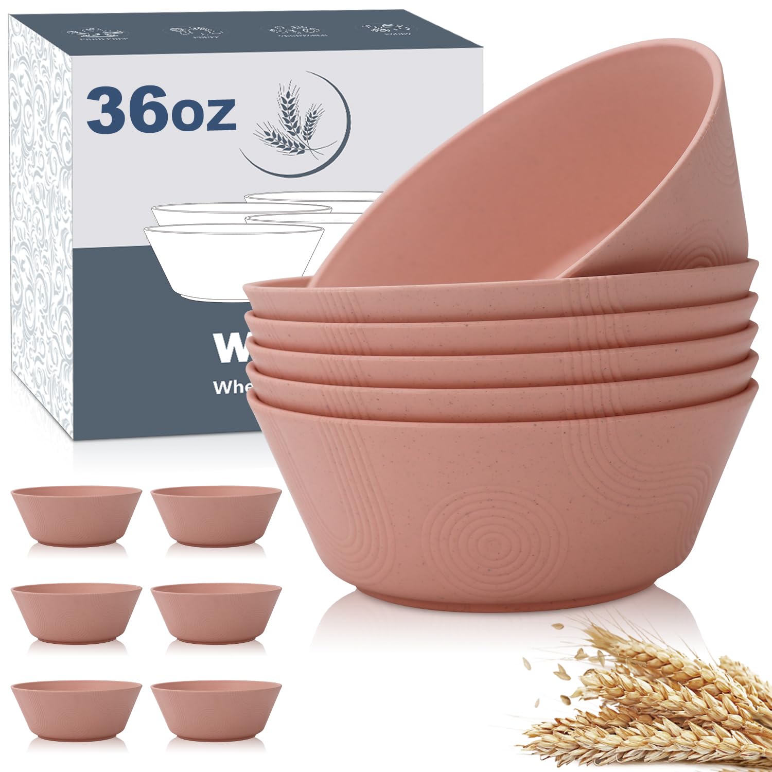 Photo 1 of Wrova Wheat Straw Bowl Sets with textured pattern,6 PCS Unbreakable Cereal Bowl 36 OZ,Microwave and Dishwasher Safe Bowls,Soup Bowl Sets BPA Free for Salad (sakura pink
