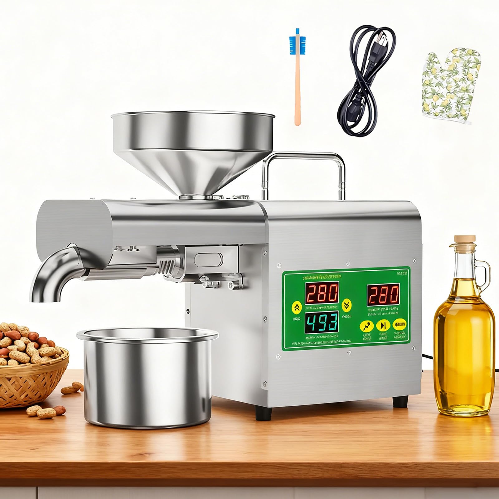 Prasa do oleju, automatyczna produkcja oleju, wyciskarka oleju o mocy 1800 W do tłoczenia na zimno i na gorąco, maszyna do tłoczenia oleju z inteligentnym regulatorem temperatury 104–572°F