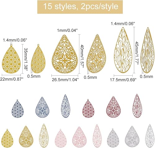 Miniatura 2 de BENECREAT 30 dijes de gota de lágrima para hacer aretes pintados en aerosol con agujero de 0.069 pulgadas, 15 estilos de adornos para hacer joyas de