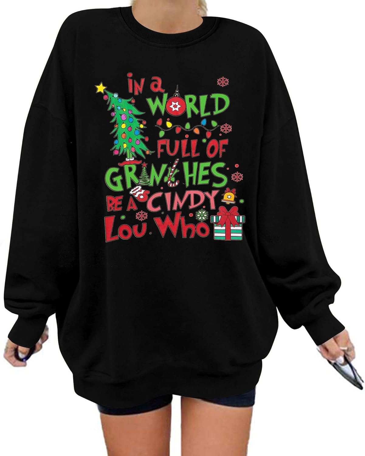 KIMSOONG Christmas Sweatshirt for Women Be A Cindy Lou Who Shirt Cute Christmas Graphic Tshirts Oversized Long sleeve Tops