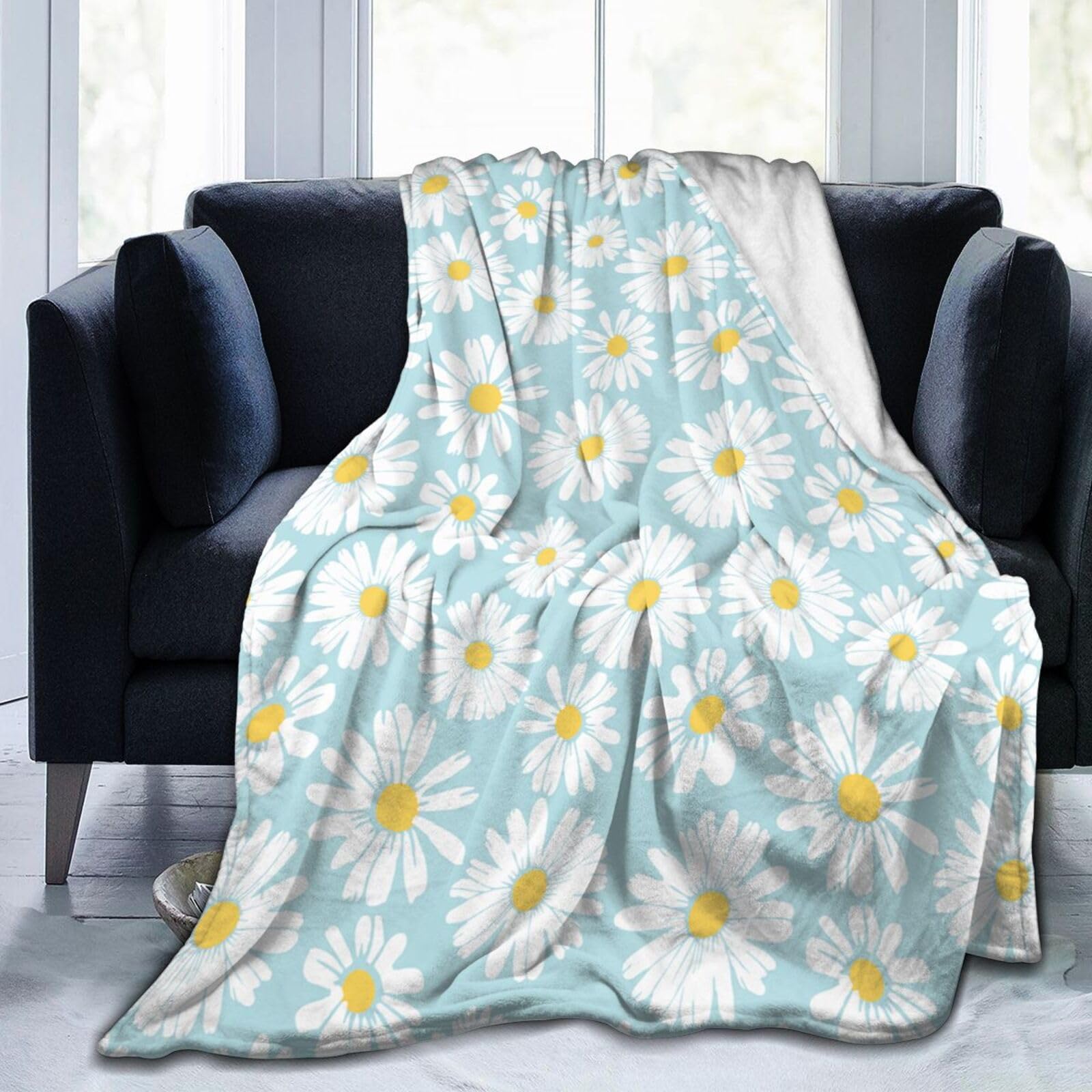 Miowjals Blue Daisy Cute Blanket Soft Lightweight Comfortable Premium Flannel Bed Warmer Air Conditioner Blanket for Bedroom Living Room Sofa All