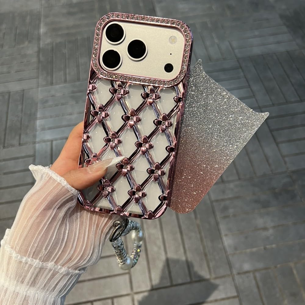 Generic Funda compatible con iPhone 16 Pro (color: naranja) con correa con purpurina, funda de silicona a prueba de golpes