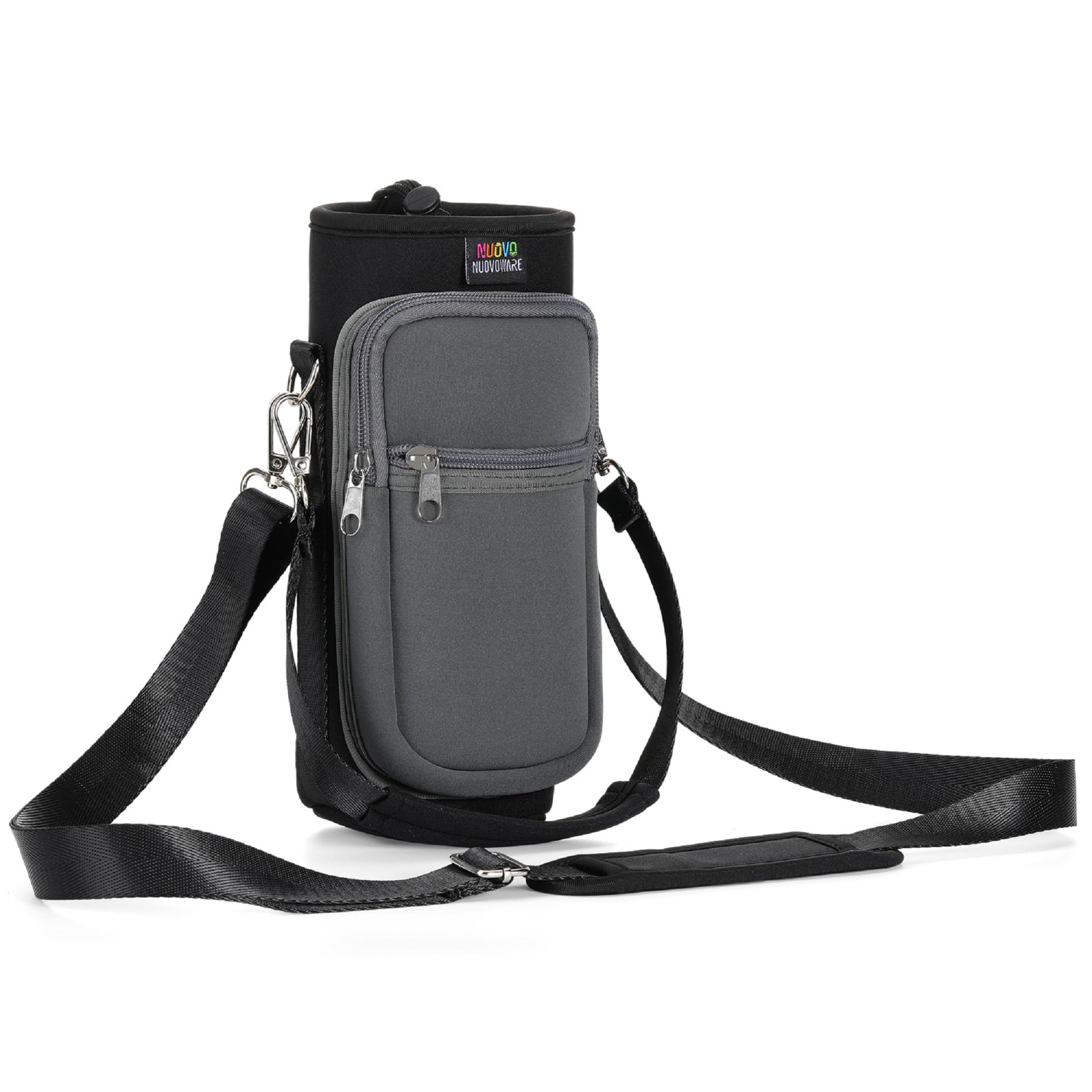 Nuovoware Water Bottle Carrier Bag, 750ml Water Bottle Holder with Strap, Adjustable Shoulder Hand Strap 2 Pocket Water Bottle Sling Bag Neoprene Sleeve for Hiking Travelling, Black/Gray