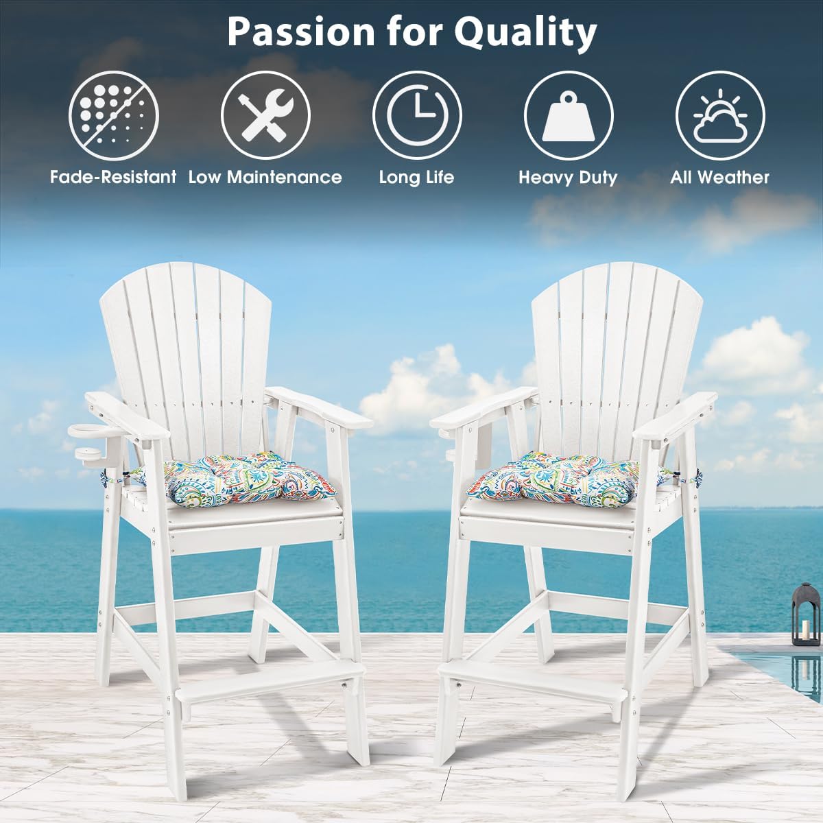 Sundale Outdoor Tall Adirondack Chairs Set of 2, 30 Inch Seat Height Patio Adirondack Bar Stools, HDPE Pub Chairs with Backrest, Tall Bistro Dining Counter Stool with Cushion, All-Weather, White