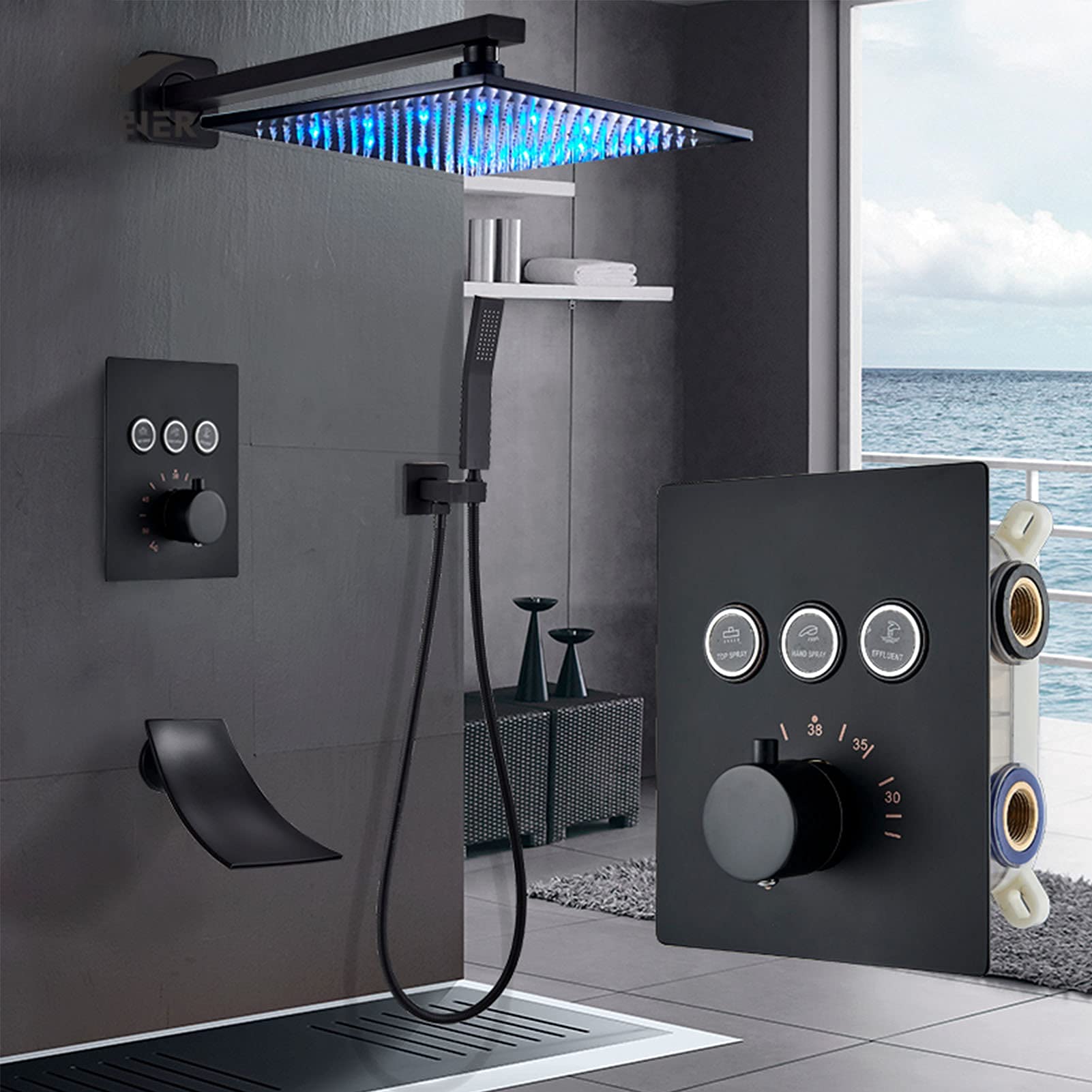 Grifo termostático de ducha de baño, negro, cabezal de ducha LED con ducha de mano, grifo mezclador de bañera montado en la pared, juego de ducha de baño en cascada