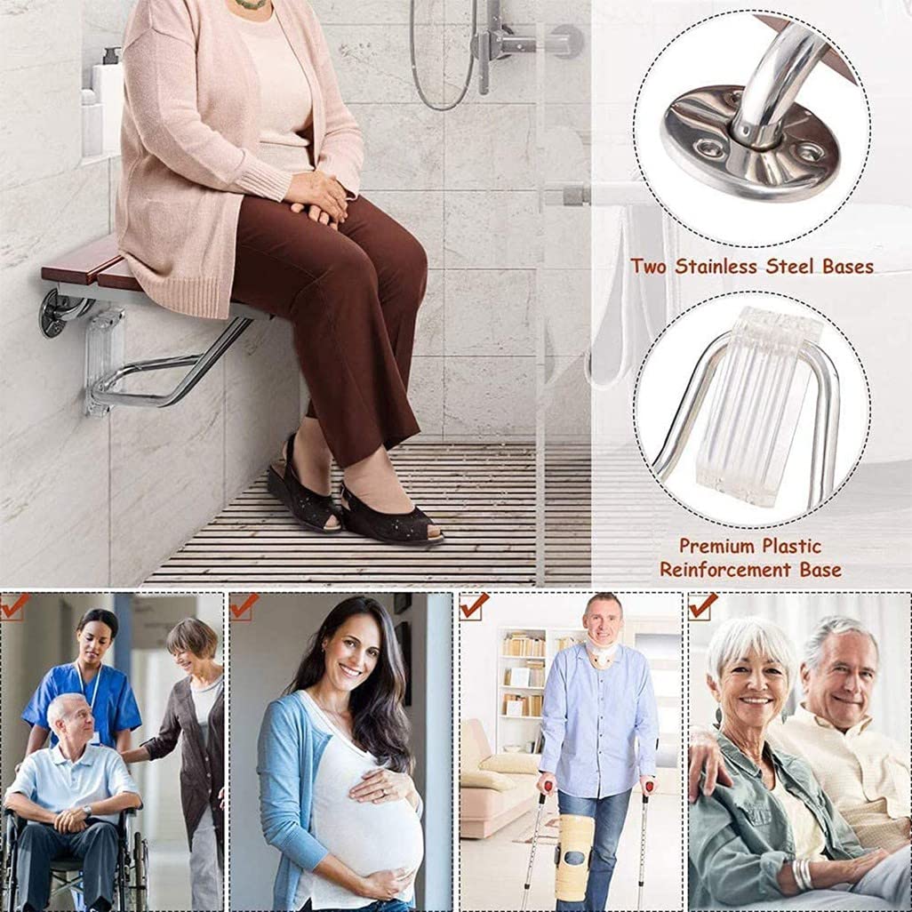 Asiento de Ducha Abatible Pared Banco para Ducha de Madera, Taburete de Ducha Antideslizante Asiento de Ducha Plegable Acero Inoxidable, para Personas Mayores,Embarazadas