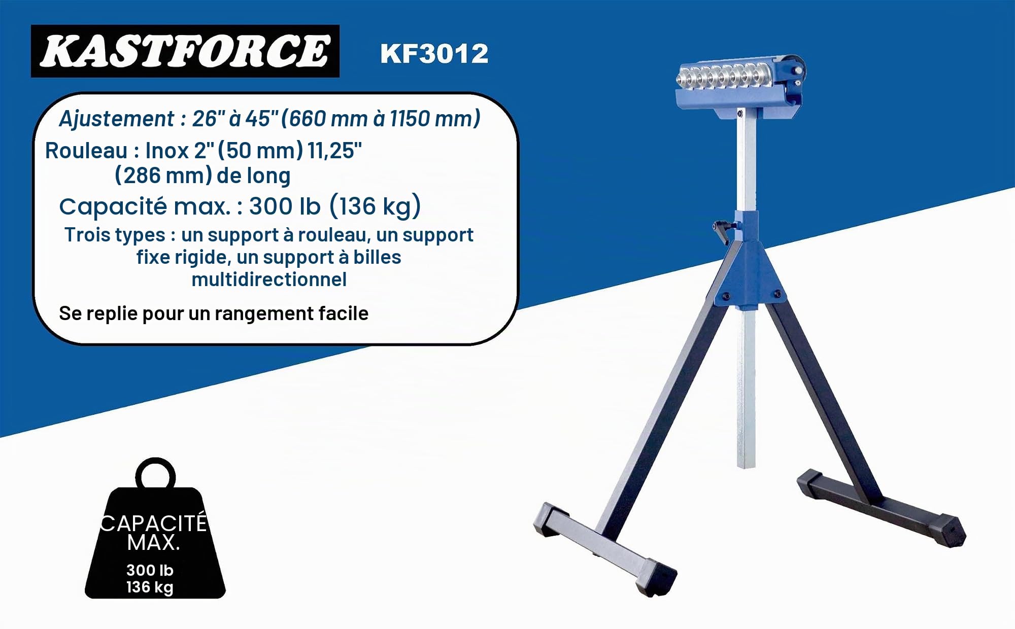 Support robuste de rouleau de 136 kg - Capacité de charge de 136 kg, scie à onglet réglable et repliable, rouleau en acier inoxydable de 50''