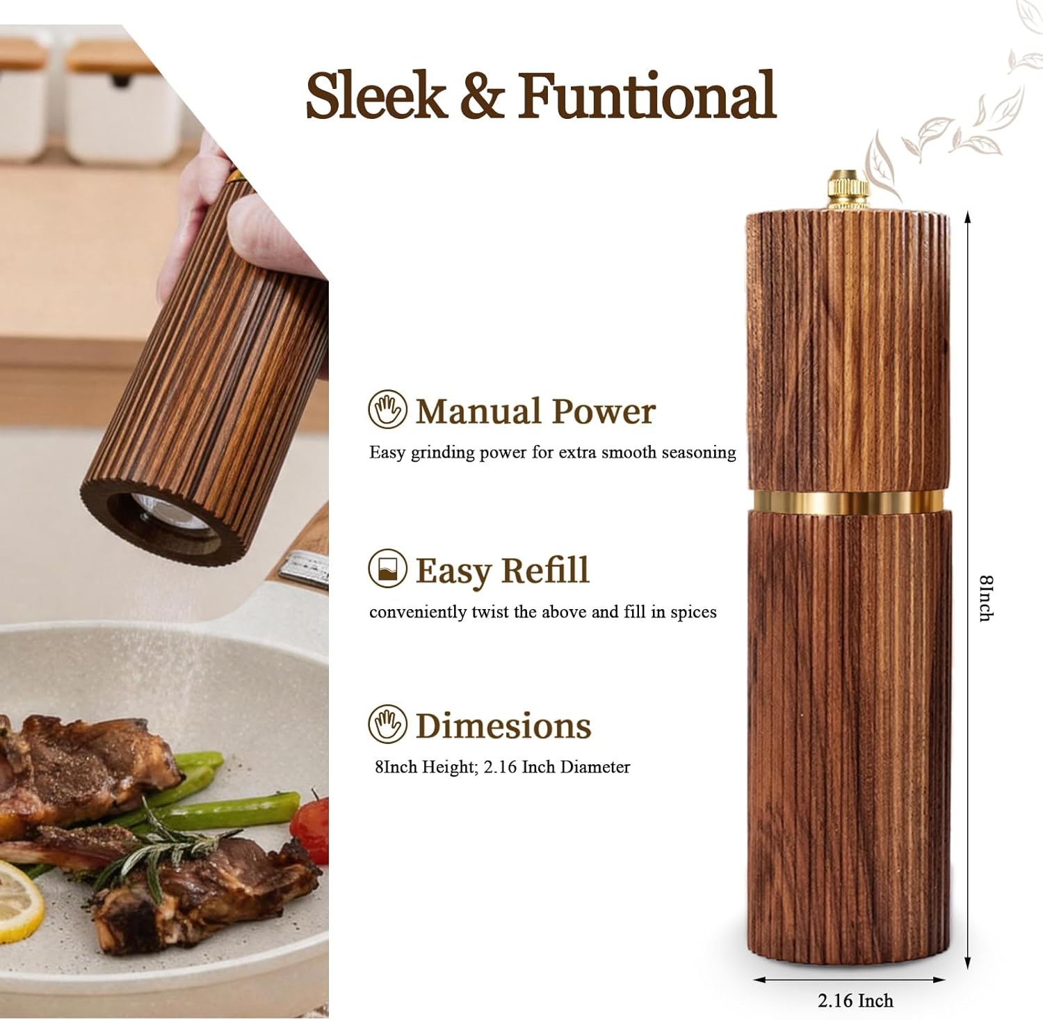 Saicefe 2 Pack Acacia Wooden Salt and Pepper Grinder Set – Refillable Manual Salt and Pepper Mills with Adjustable Ceramic Core, Gold Stainless Steel Decor Kitchen Home Gift for Birthday Christmas