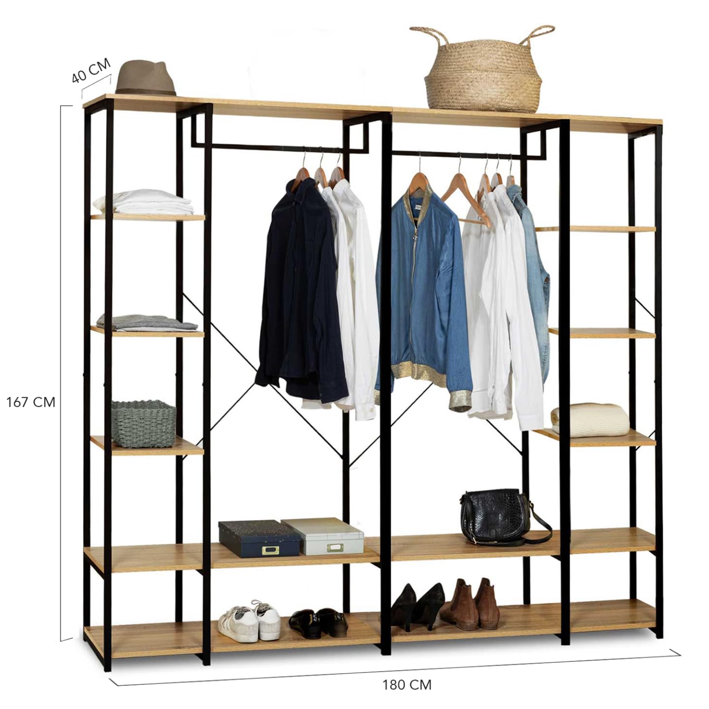 IDMarket - Dressing modulable double penderie étagère L. 180 cm DETROIT design industriel