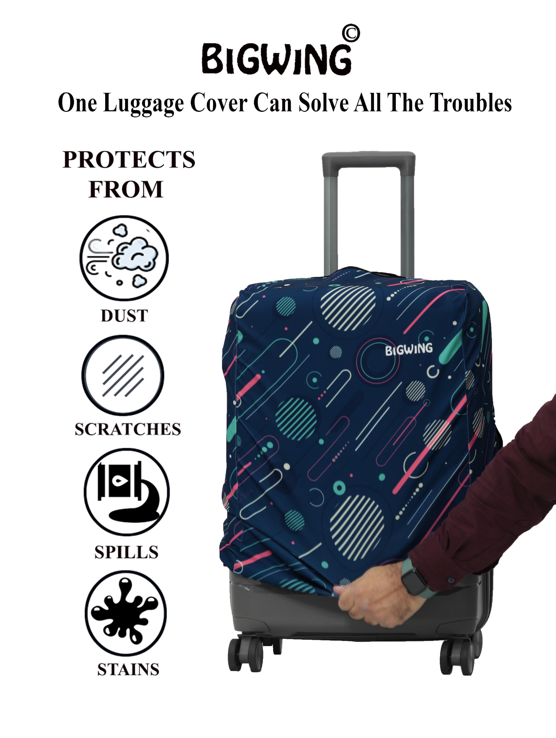 BIGWING Tela de poliéster con impresión geométrica protectora dura para equipaje (sólo cabe en la bolsa de fibra/plástico), Multicolor, 24 Inch (65 CM) Trolley Bag Cover, Accesorios de viaje