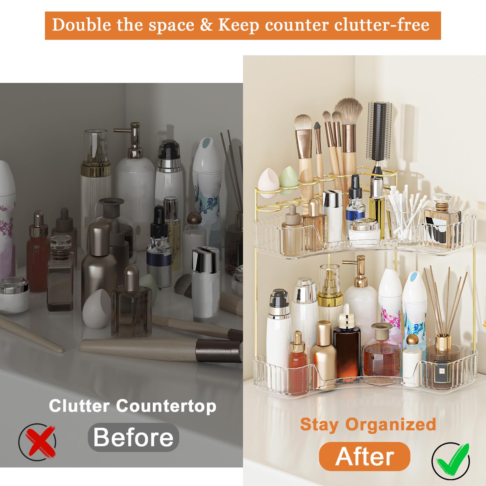 Webetop Eck-Make-up-Organizer für Schminktisch, 2-stöckig, Badezimmer-Kosmetik-Organizer, Arbeitsplatte mit Make-up-Pinselhalter, Eck-Theke, Aufbewahrung, Hautpflege-Organizer für Badezimmer, Kommode,