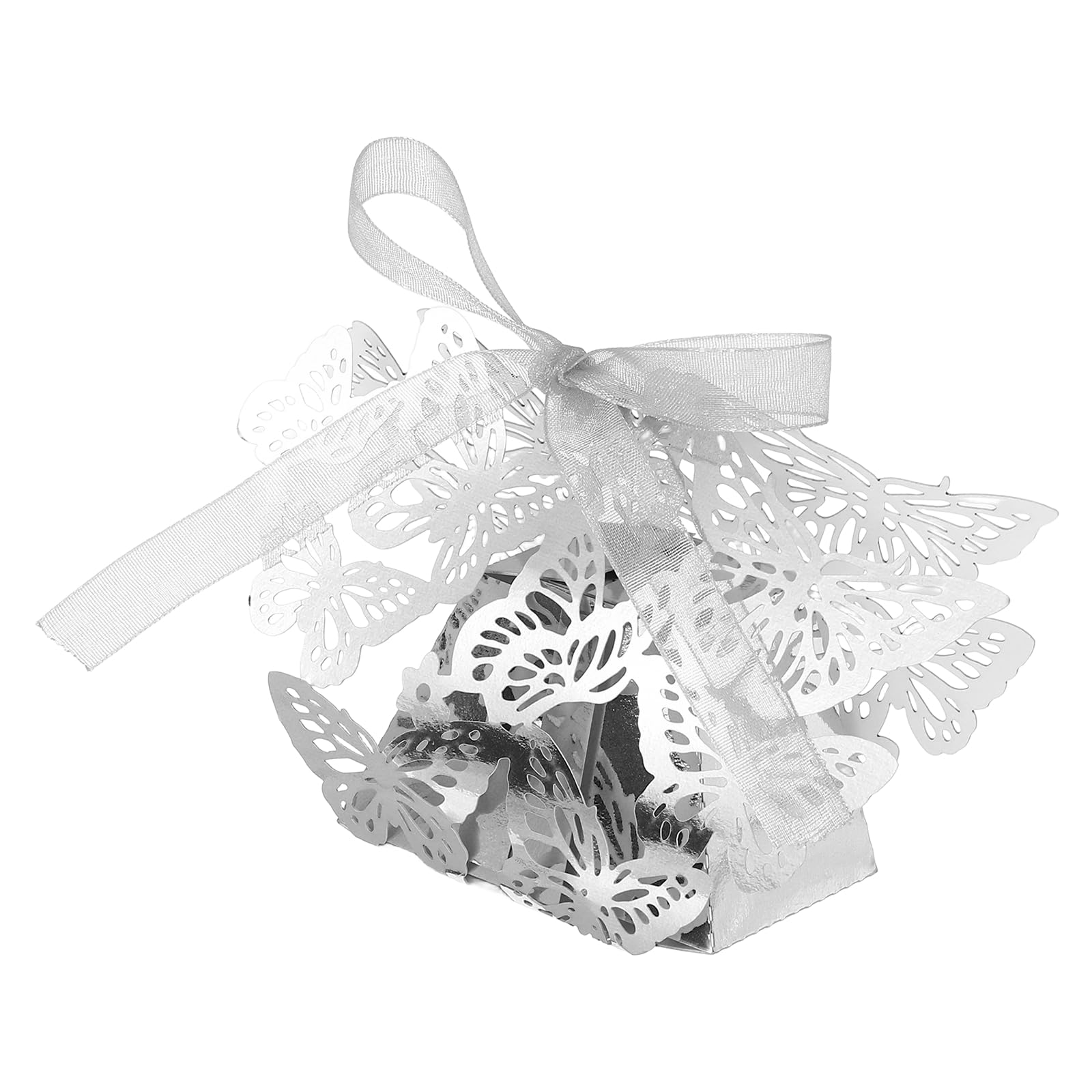 PATIKIL Butterfly Hollow Candy Box, (Silver) (50Pcs), Reusable Romantic Cookie Gift Boxes with Ribbons for Wedding/Birthday Party/Anniversary/Baby Shower