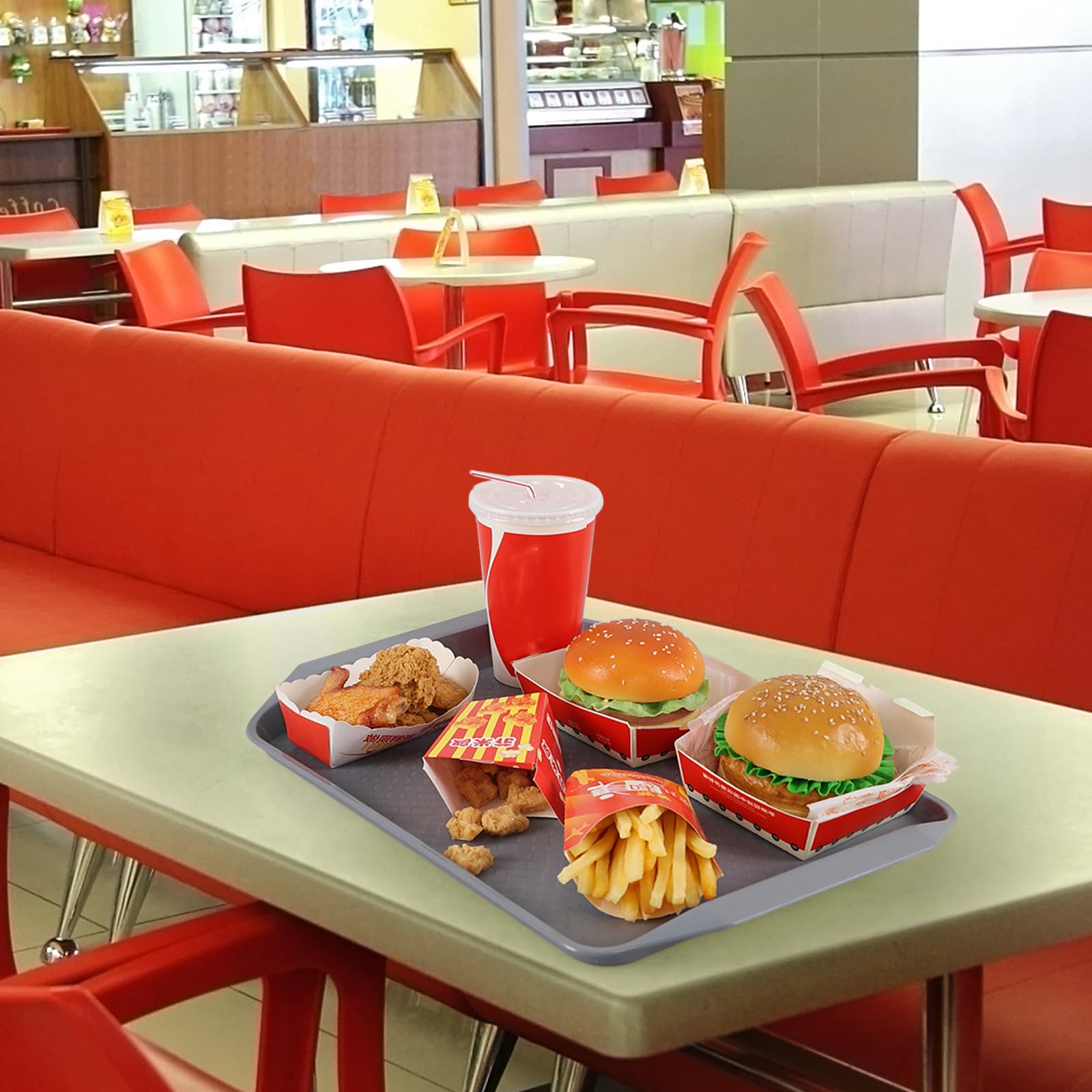 Plastic Serving Trays for Fast Food Rectangular Large Grey Set of 6