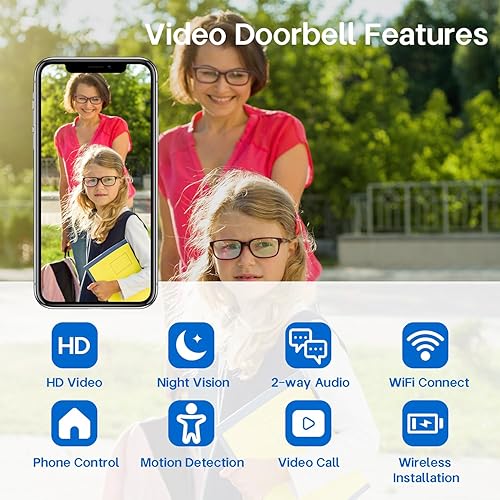 Miniatura 2 de Cámara de timbre de video 2K inalámbrica con visión de cuerpo completo y detección de inteligencia artificial, visión nocturna, alertas de