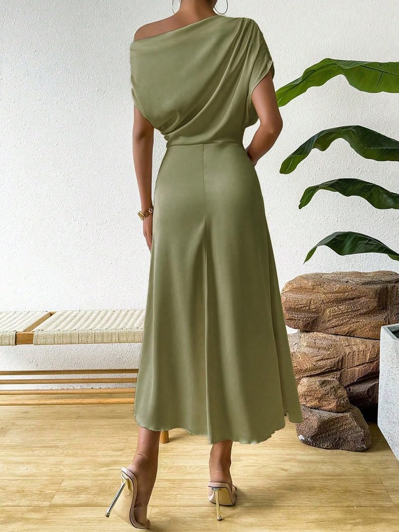 Vestito Donna Abiti da Ballo Monospalla in Raso per Donna Eleganti Midi con Maniche A Pipistrello Asimmetrici E Arricciati con Giunture Abito Estivo A Trapezio da Sera Formale
