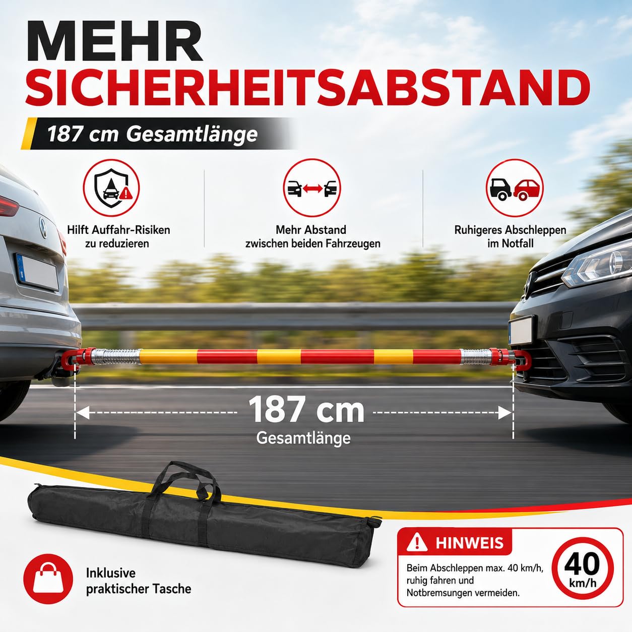 8T Tragfähigkeit-Abschleppstange 187CM für Pkw Universell