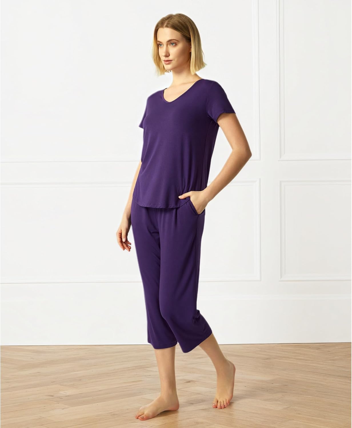 GYS Bamboo Viscose Women Pajama Sets Short Sleeve Top and Capri Pants 2 Piece Casual Lounge Sets - Image 2