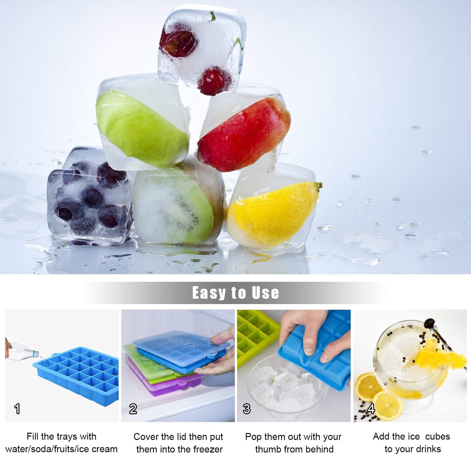 Morfone Silicone Ice Cube Trays 3 Pack with Removable Lid Easy-Release Flexible Ice Molds 24 Cubes per Tray for Cocktail, Whiskey, Baby Food, Chocolate, BPA Free