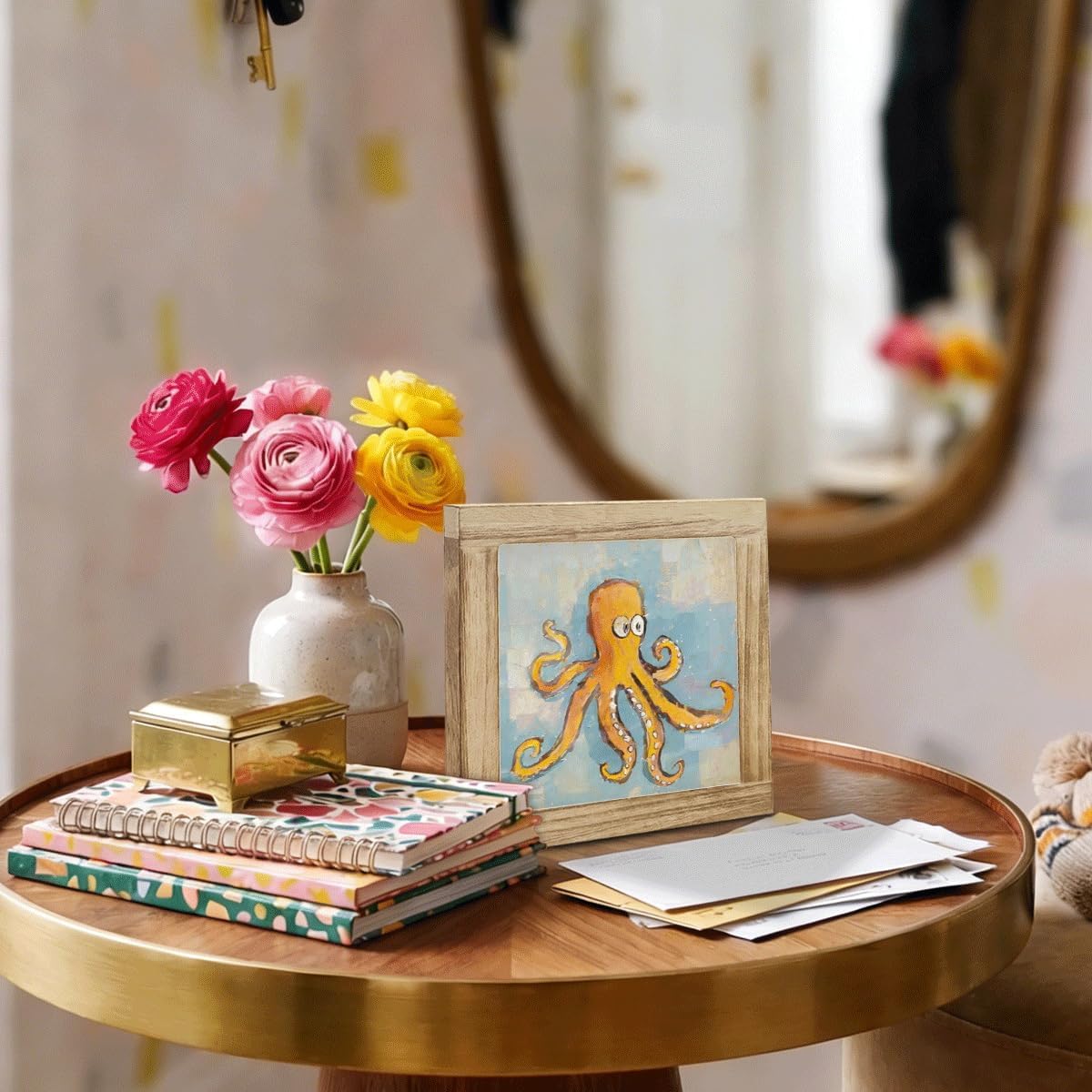 Mini Octopus Oil Painting, Cute Marine Framed Artwork, Wooden Box Sign Decor for Home Office Kitchen Bathroom Shelf Beach House, Gift for Sea Life Lovers image 4