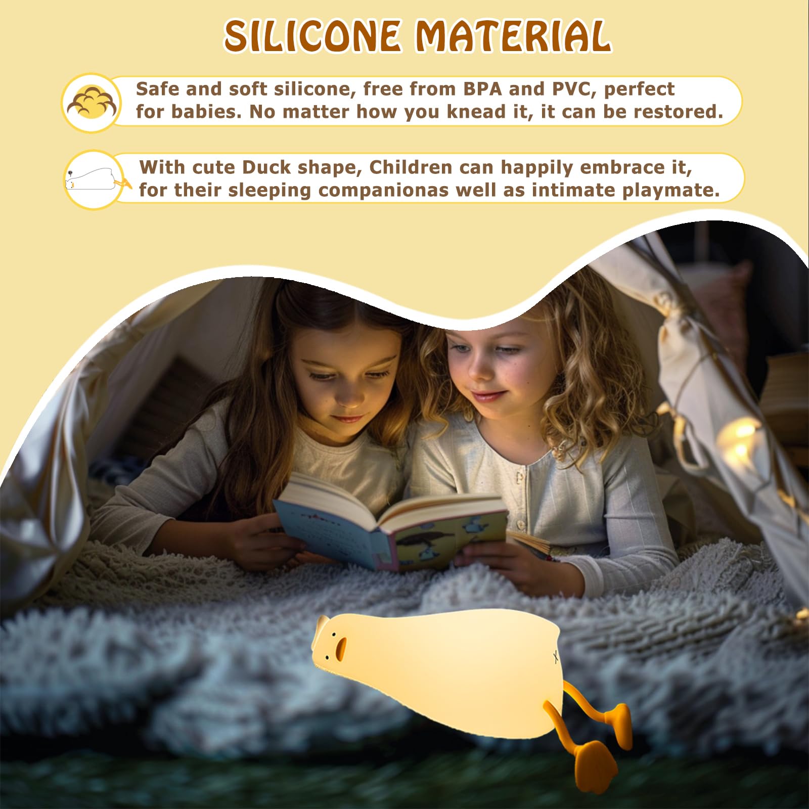 Kinder Liegende flache Ente Nachtlicht, LED Ducky Lay Nachtlampe, süßes Silikon Kinderzimmer Nachtlicht, wiederaufladbare Nachttischlampe zum Stillen, Kawaii Geschenk Zimmer Büro Schreibtisch