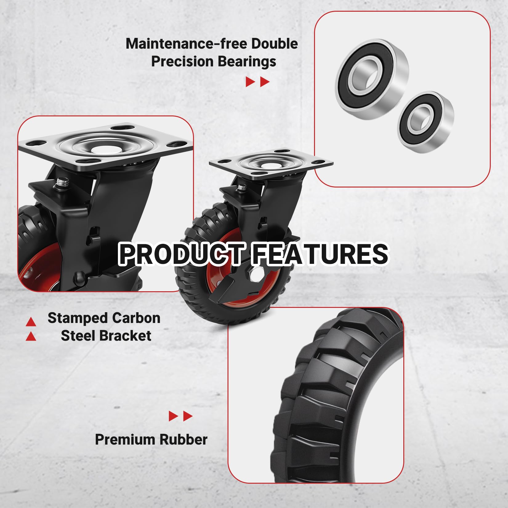 Ruote Industriali da 150mm per carichi pesanti fino a 800kg, Gomma Piena, 2 Ruote Girevoli con Freno e 2 Fisse, Ideali per Scaffali Pesanti, Carrelli Industriali e Container Mobili