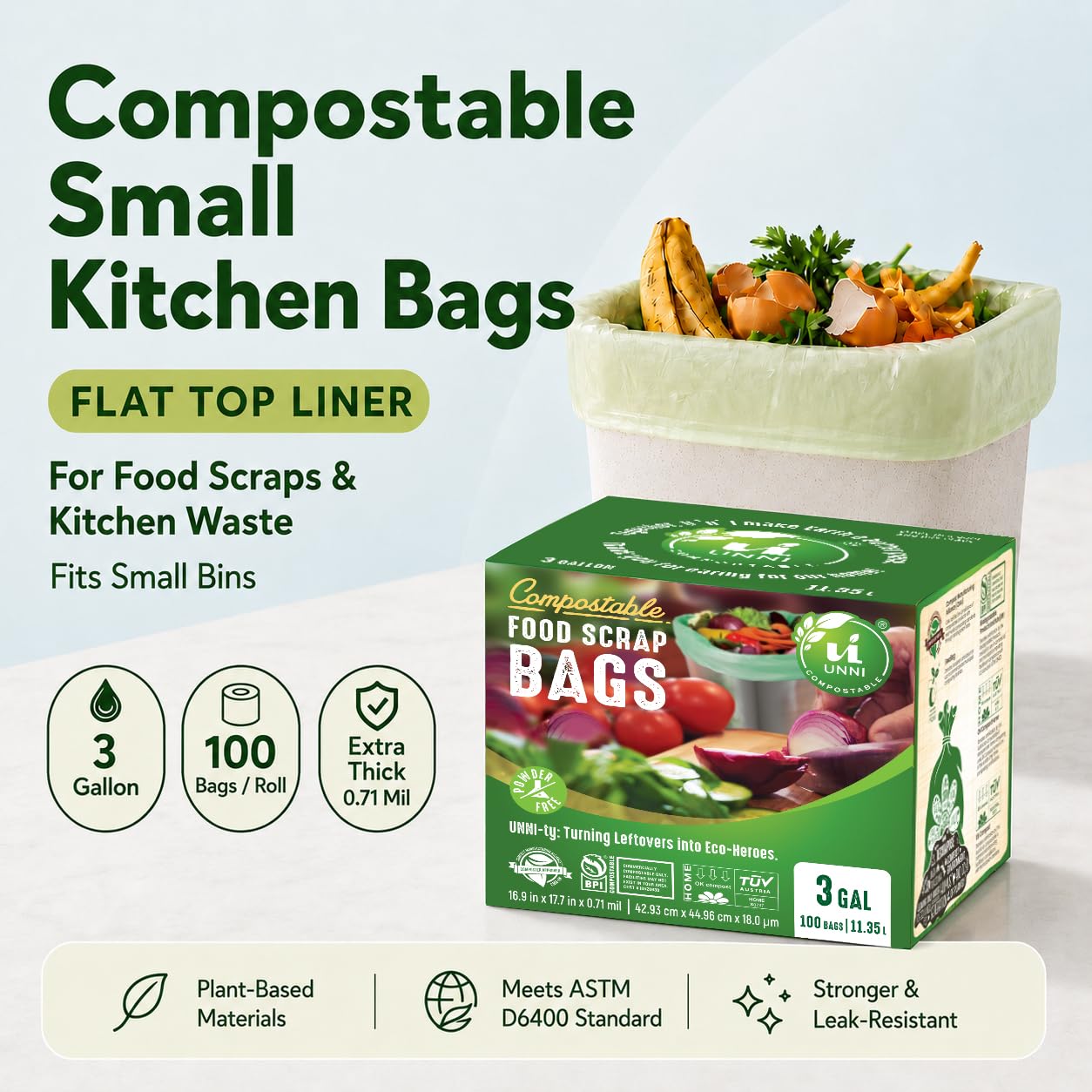 UNNI ASTM D6400 100% kompostowalne worki na śmieci, 11,35 litra, 200 sztuk, bardzo grube 0,71 miliona, US BPI i Europe OK Compost Home Certified
