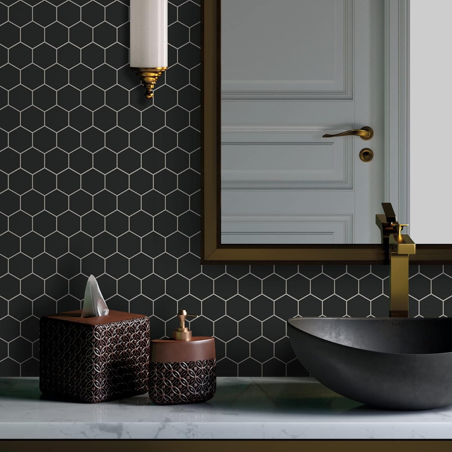 10-Sheet Hexagon Peel and Stick Backsplash, 11.42" x 11.42" Black Honeycomb Self-Adhesive Marble Mosaic Wall Tile, Waterproof Stick on Backsplash Tiles for Kitchen Bathroom Shower