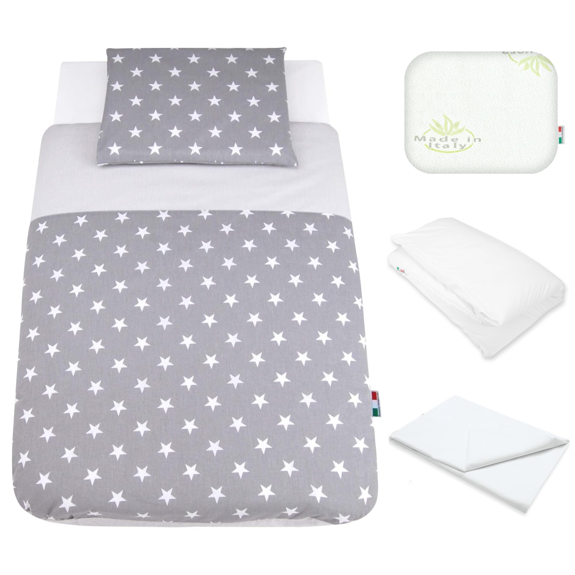 baby idea Next to Me Kompatible Bettlaken 5-teilig: Neugeborenen-Kissen, Kissenbezug, Bettdecke, Bettbezug, Spannbettlaken für Babybett Chicco Kinderkraft Cam Brevi Oeko-TEX (Stella G) Grau Standard