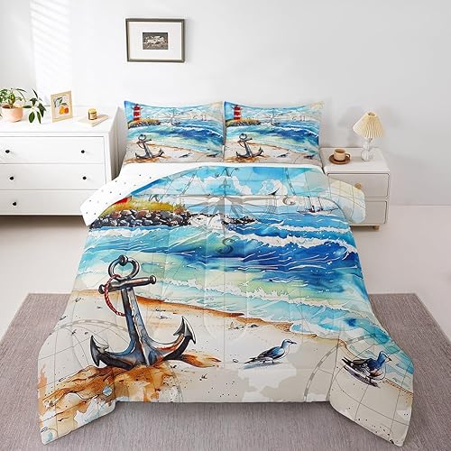 Castle Fairy Blue Sea Kids Comforter Set Queen Size,Nautical Anchor Beach Scener