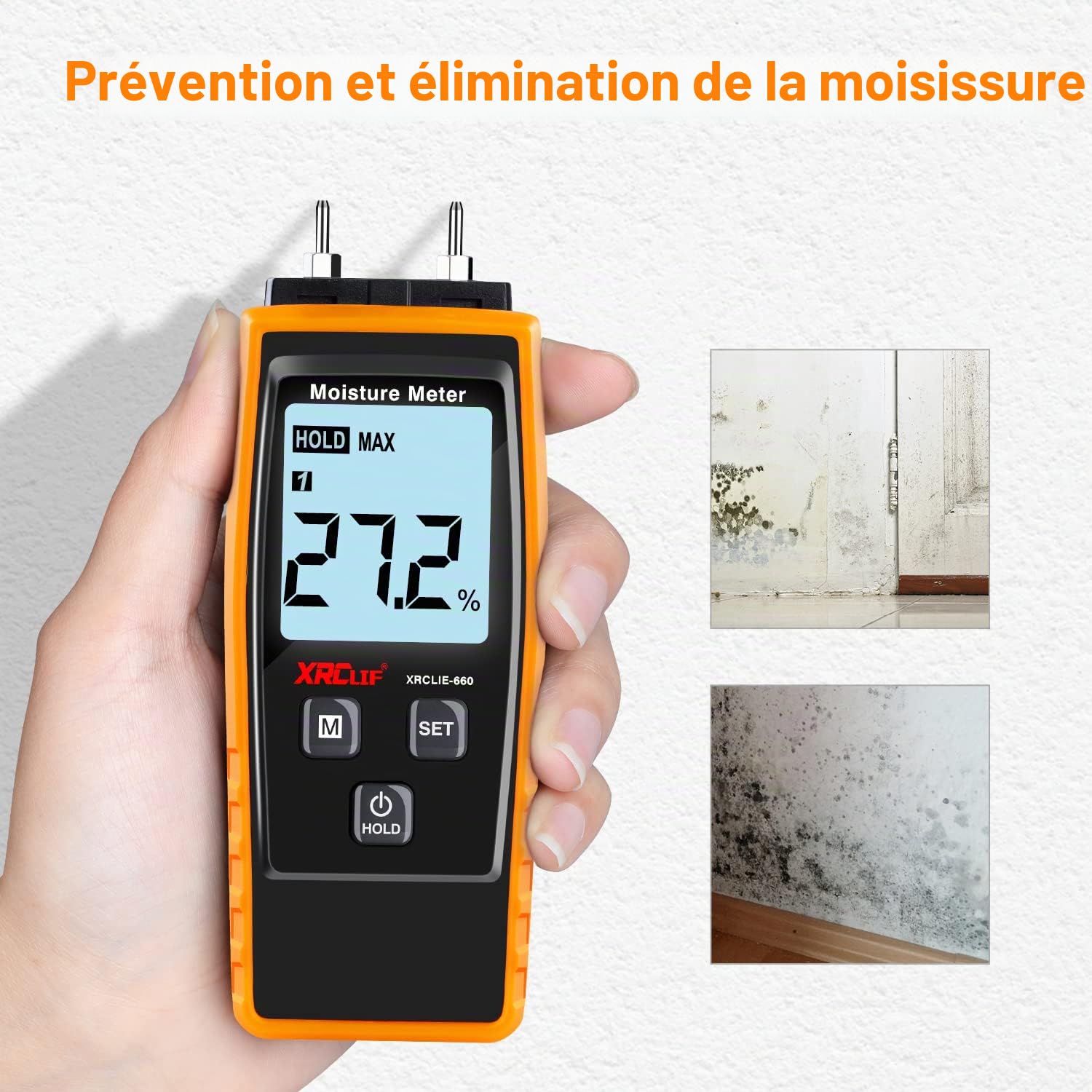 XRCLIF Testeur Humidité Mur & Bois, Compteur de fuites, Détecteur Teneur en eau avec Rétroéclairage LCD