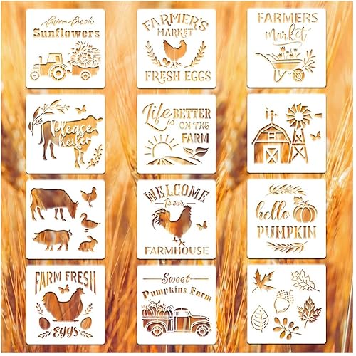 12 plantillas de granja, plantillas reutilizables para decoración de otoño, vaca, cerdo, pollo, camión vintage, calabaza, plantillas de dibujo para