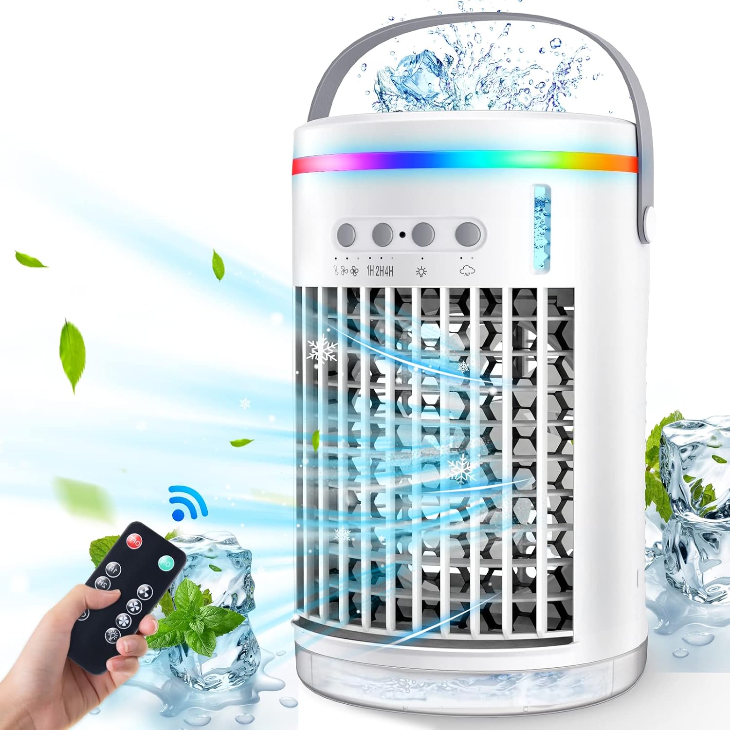 Mencapai Portable Air Cooler Fan, 4 in 1 Personal Evaporative Air Conditioner with 1400ML Water Tank, Remote Controller, Timer, 3 Wind Speeds, 2 Misting Modes and LED Light, for Home Office Bedroom
