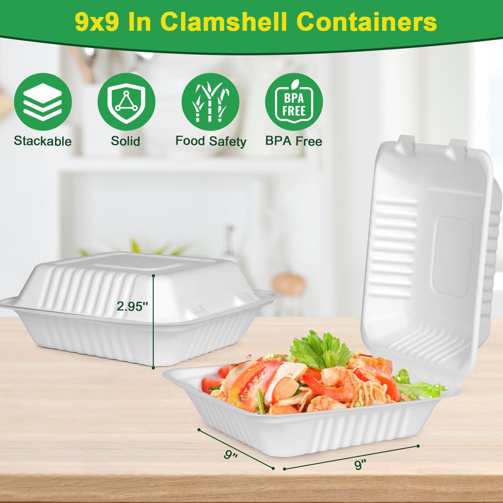 Recipientes de comida para llevar con tapas, paquete de 100 recipientes de concha para llevar, contenedores de transporte de 9 x 9 para alimentos, cajas biodegradables ecológicas, biodegradables