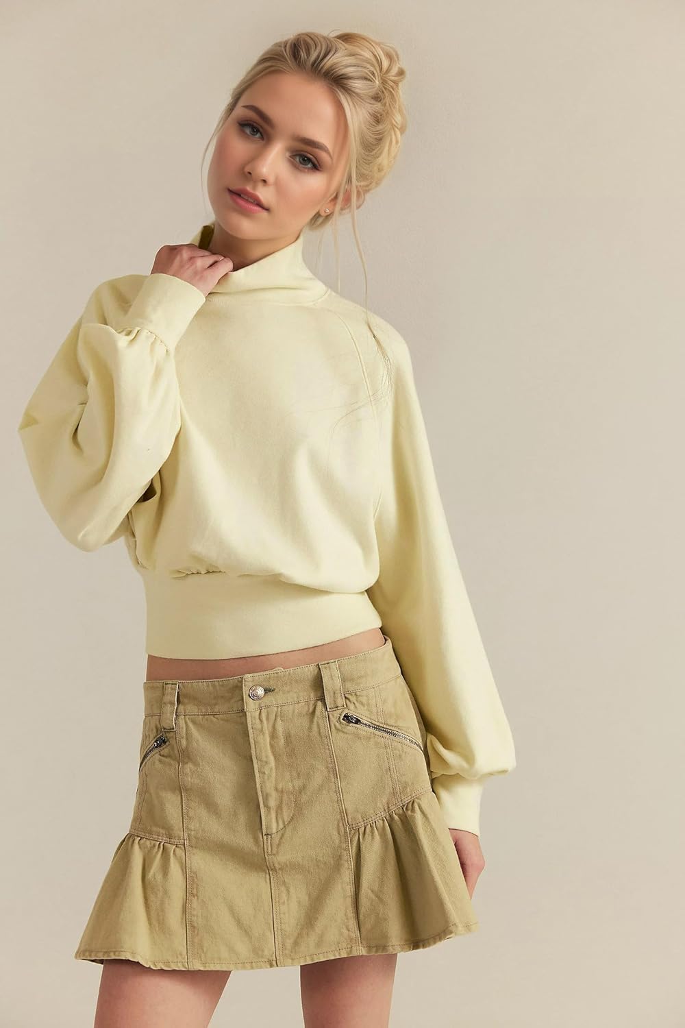 Ythomm Women Mock Turtleneck Crop Sweatshirt Long Balloon Sleeve Ruched Banded Bottom Pullover Blouson Top Shirt Fall Clothes - Image 2